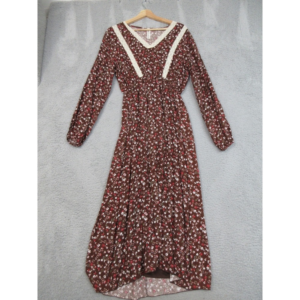 Vanilla Bay Cottagecore Dress Women M Brown Floral Lace Trim Prairie Boho Chic